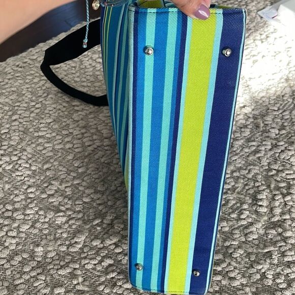 Summer Fashion Blue/Green Striped bag w/ lots of storage. Lined. Rectangle NWOT - Picture 2 of 5